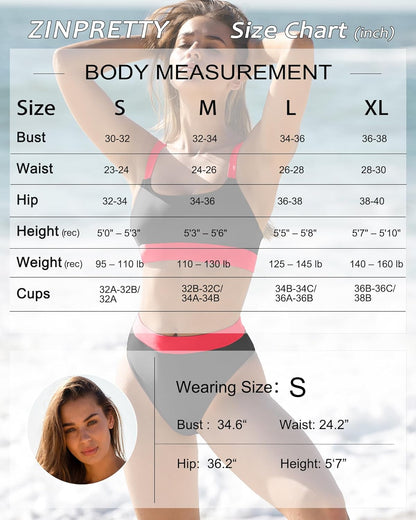 Women High Waisted Bikini Set Sports Color Block Swimsuit Scoop Neck Cheeky Bathing Suit