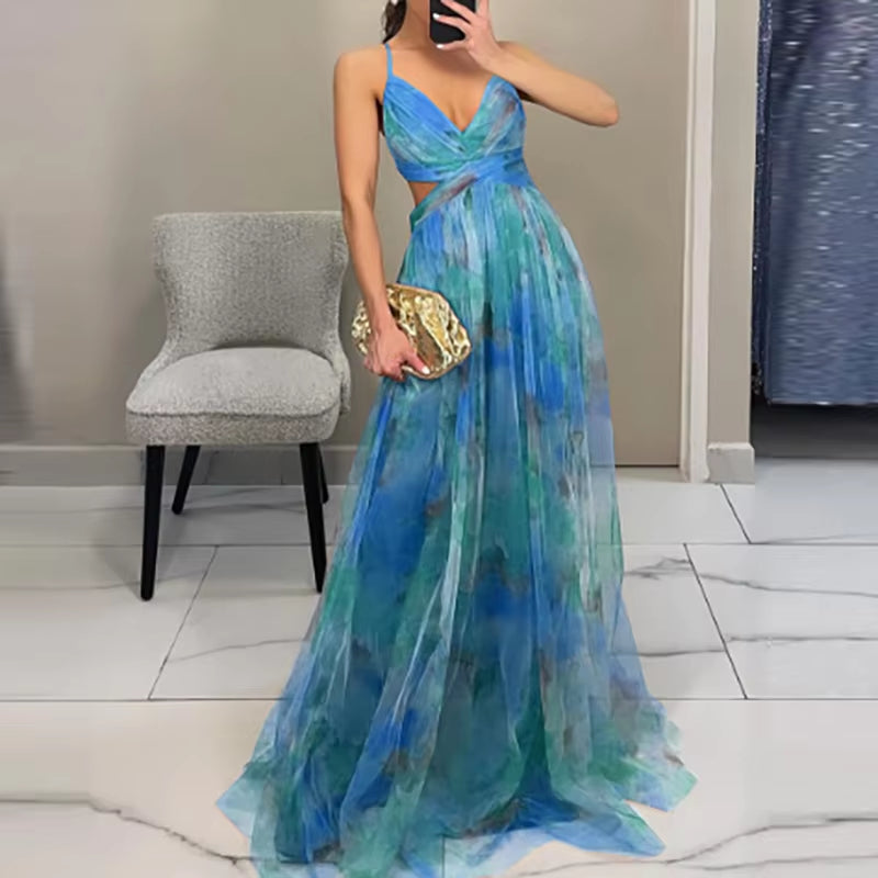 Elegant Pleated Mesh Evening Dress