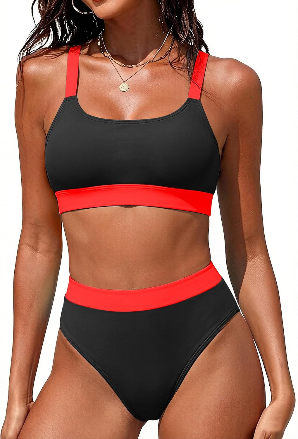 Women High Waisted Bikini Set Sports Color Block Swimsuit Scoop Neck Cheeky Bathing Suit